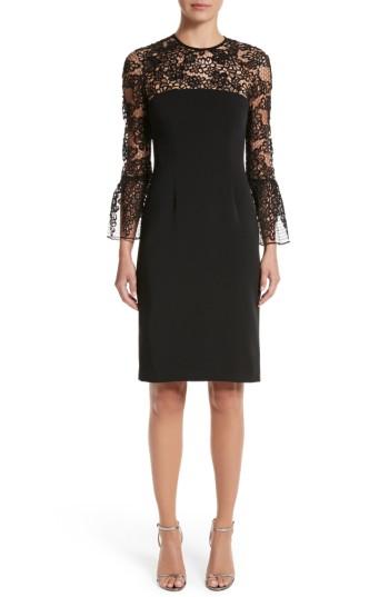 Women's Carmen Marc Valvo Couture Embroidered Lace Bell Sleeve Sheath Dress - Black