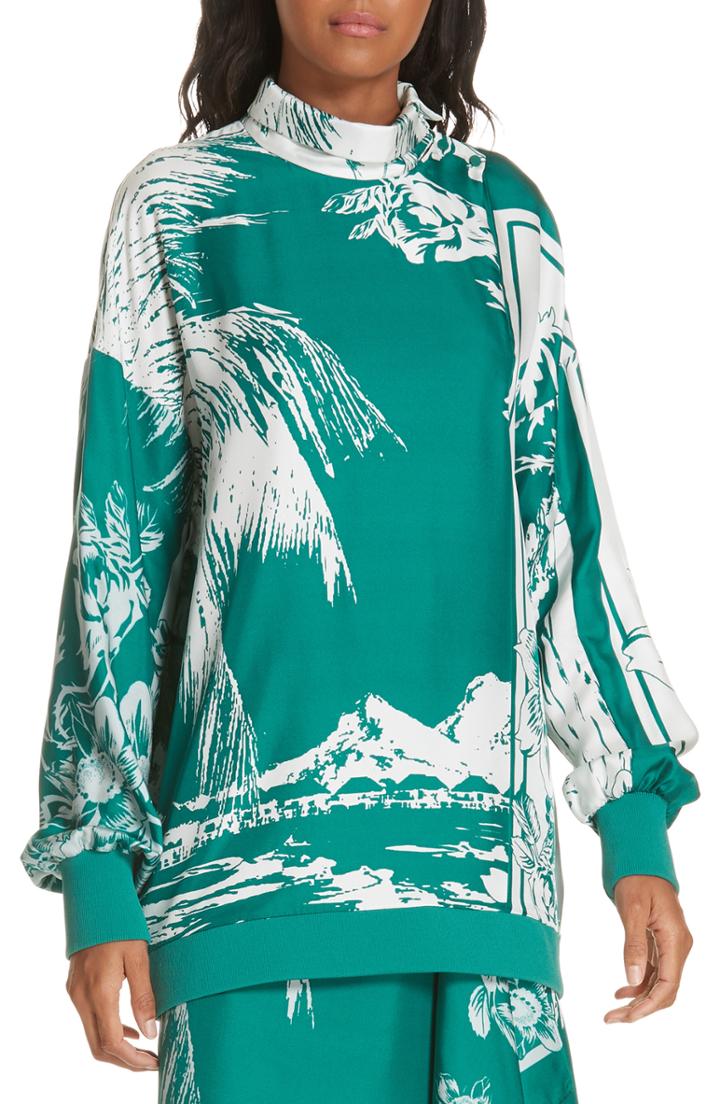 Women's Tibi Leilani Print Silk Twill Blouse - Blue