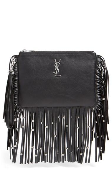 Saint Laurent 'monogram' Fringe Calfskin Wristlet - Black