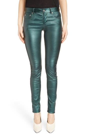 Women's Saint Laurent Metallic Leather Skinny Pants Us / 40 Fr - Green