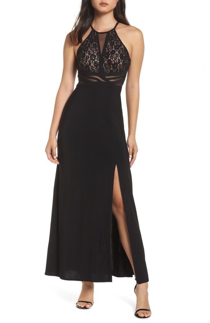 Women's Morgan & Co. Lace & Illusion Mesh Bodice Gown - Black
