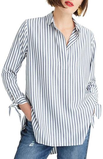 Women's J.crew Collared Tie-sleeve Popover Stripe Shirt - Blue