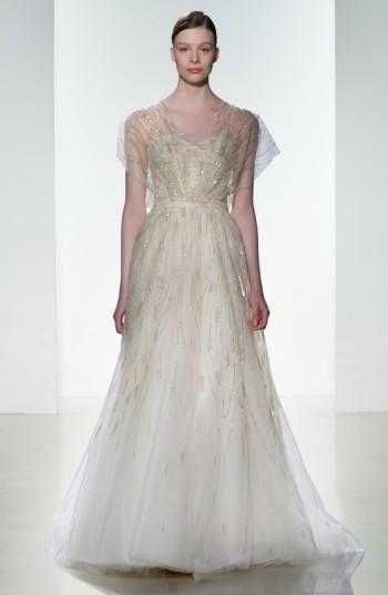 Women's Amsale Elaine Organza Overlay Strapless Hand Beaded Tulle Gown, Size - Pink