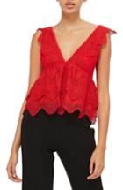 Women's Topshop Plunging Lace Peplum Top Us (fits Like 0-2) - Red