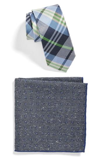 Men's The Tie Bar Crystal Wave Plaid Tie And Pocket Square Set, Size - Blue