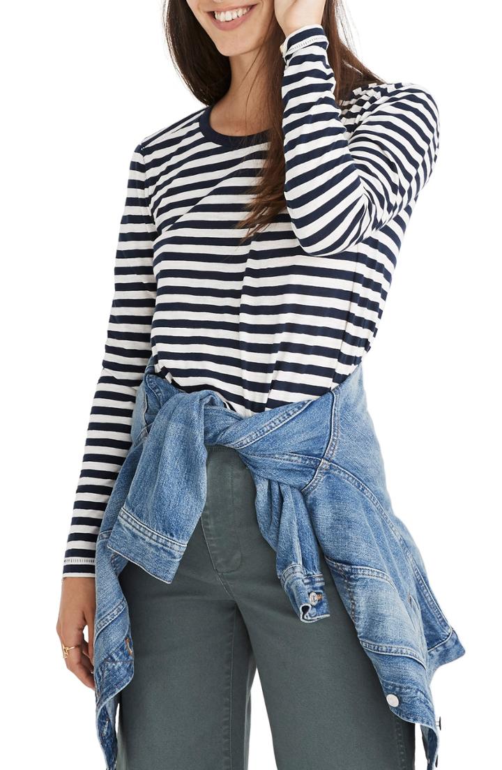 Women's Madewell Whisper Cotton Stripe Long Sleeve Crewneck Tee, Size - Blue