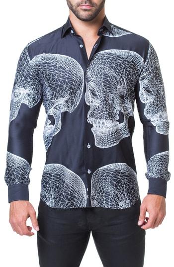 Men's Maceoo Fibonacci Skull Print Trim Fit Sport Shirt (s) - Black