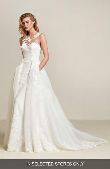 Women's Pronovias Drum Lace Sheath With Detachable Overskirt, Size - White