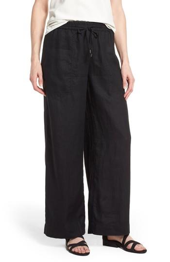 Women's Eileen Fisher Wide Leg Organic Linen Pants, Size - Black