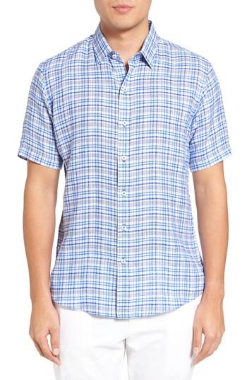 Men's Zachary Prell Bean Trim Fit Plaid Linen Sport Shirt, Size - Blue