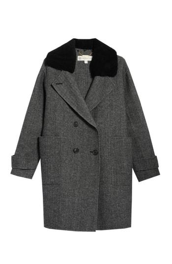 Women's Trina Trina Turk Briana Plaid Coat With Detachable Genuine Lamb Fur Collar - Grey