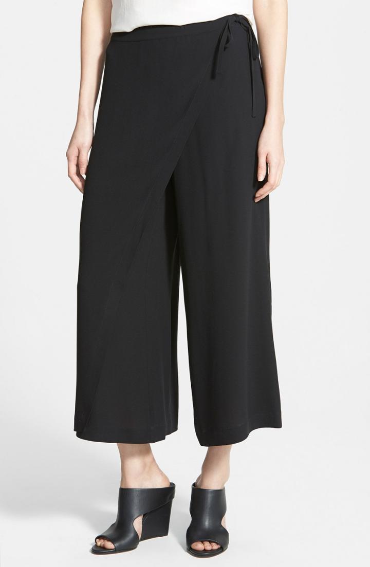 Women's Eileen Fisher Wrap Front Wide Leg Silk Crop Pants - Black