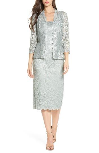 Women's Alex Evenings Lace Tea Length Dress With Jacket - Green