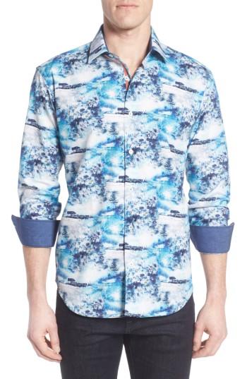Men's Bugatchi Shaped Fit Ocean Print Sport Shirt, Size - Blue