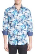 Men's Bugatchi Shaped Fit Ocean Print Sport Shirt, Size - Blue