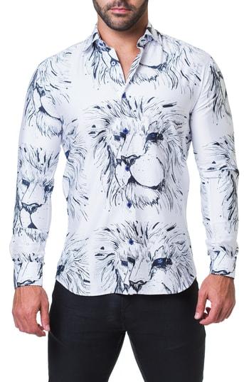 Men's Maceoo Fibonacci Lion Trim Fit Print Sport Shirt (s) - White