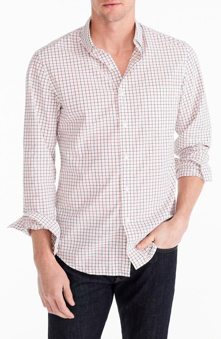 Men's J.crew Slim Fit Stretch Secret Wash Tattersall Sport Shirt, Size - Red