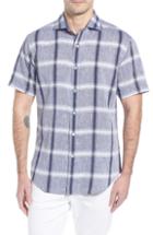 Men's Bugatchi Shaped Fit Check Linen & Cotton Sport Shirt, Size - Blue