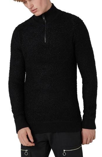 Men's Topman Quarter-zip Boucle Sweater - Black