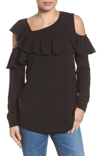 Women's Halogen Asymmetrical Ruffle Cold Shoulder Top - Black