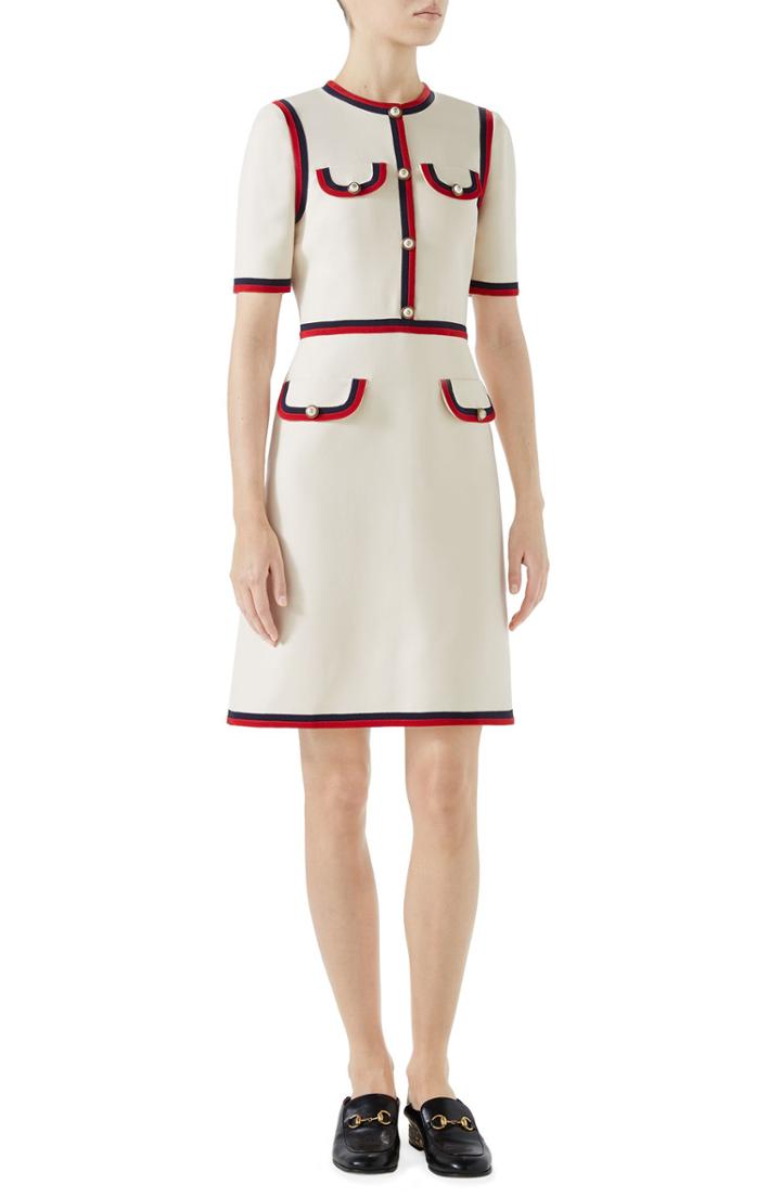Women's Gucci Ribbon Trim Wool & Silk Crepe A-line Dress Us / 42 It - Ivory