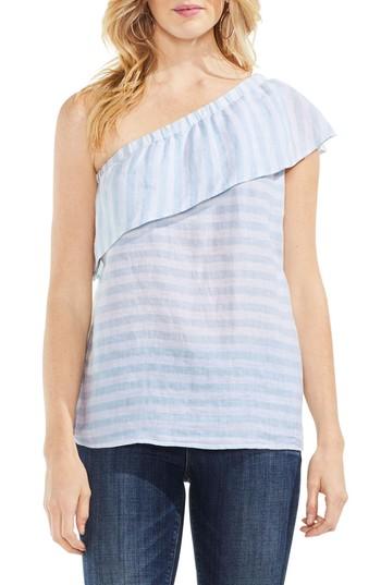 Women's Vince Camuto Ruffled One-shoulder Stripe Blouse, Size - Blue