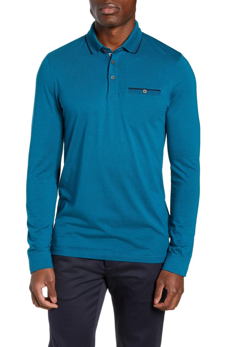 Men's Ted Baker London Loomie Slim Fit Tipped Long Sleeve Polo (xxl) - Blue/green