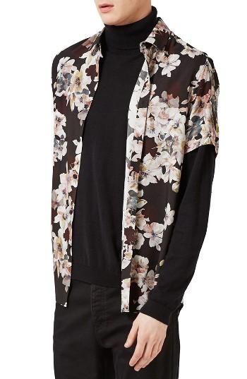 Men's Topman Floral Print Shirt - Black