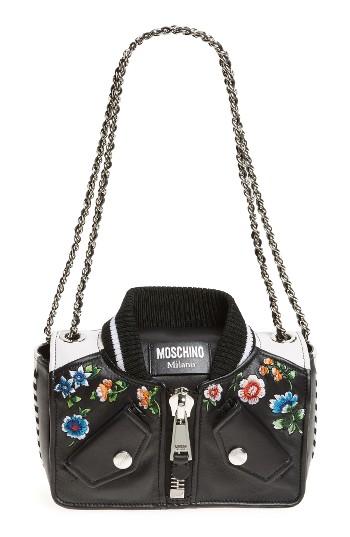 Moschino Embroidered Floral Bomber Jacket Leather Shoulder Bag -