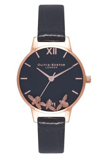 Women's Olivia Burton Busy Bees Leather Strap Watch, 30mm