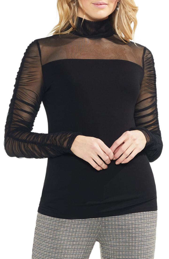 Women's Vince Camuto Ruched Sleeve Sheer Detail Blouse
