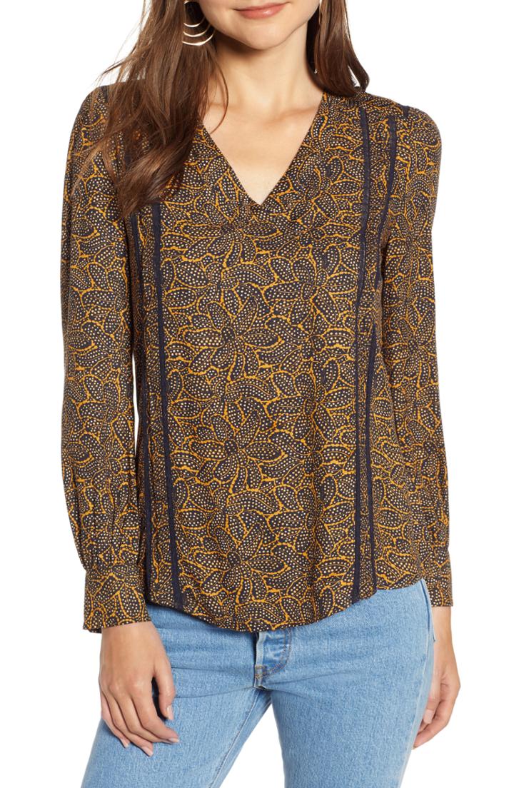Women's Hinge Lace Stripe V-neck Blouse, Size - Blue