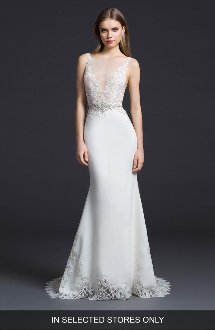 Women's Lazaro Illusion V-neck Trumpet Gown, Size In Store Only - Ivory