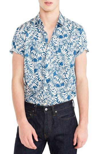 Men's J.crew Stretch Secret Wash Short Sleeve Fern Print Sport Shirt, Size - Blue
