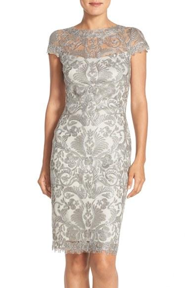 Women's Tadashi Shoji Illusion Yoke Lace Sheath Dress - Grey