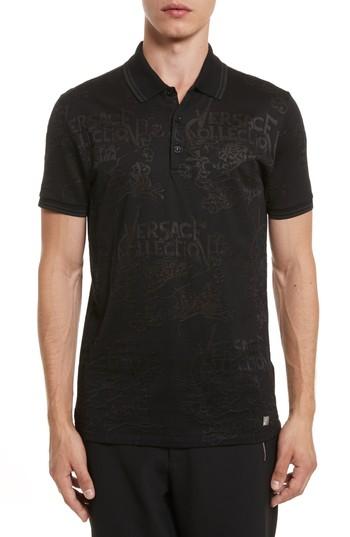 Men's Versace Collection Tonal Jacquard Polo, Size - Black