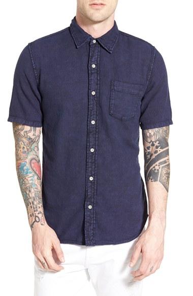 Men's True Religion Brand Jeans Acid Wash Short Sleeve Woven Shirt - Blue