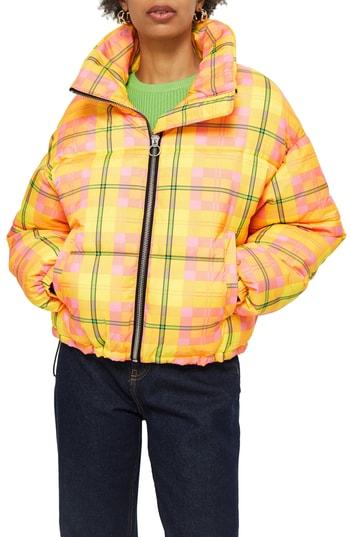 Women's Topshop Bright Check Puffa Jacket Us (fits Like 2-4) - Yellow