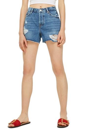Women's Topshop Ashley Ripped Boyfriend Shorts Us (fits Like 0-2) - Blue