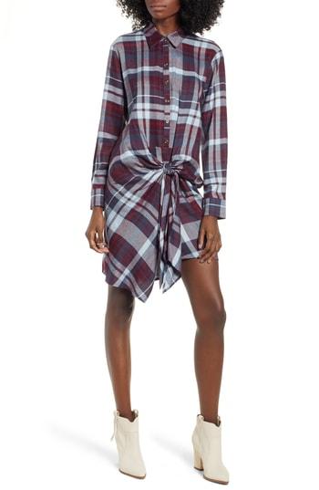 Women's Socialite Plaid Tie Waist Shirtdress - Burgundy