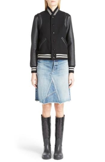 Women's Saint Laurent 'teddy' Full Leather Sleeve Bomber Jacket Us / 38 Fr - Black