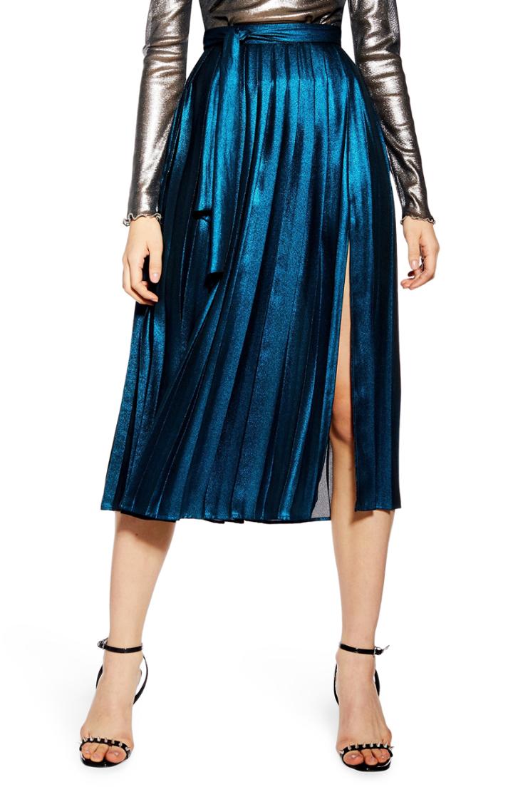 Women's Topshop Metallic Pleat Midi Skirt Us (fits Like 2-4) - Blue