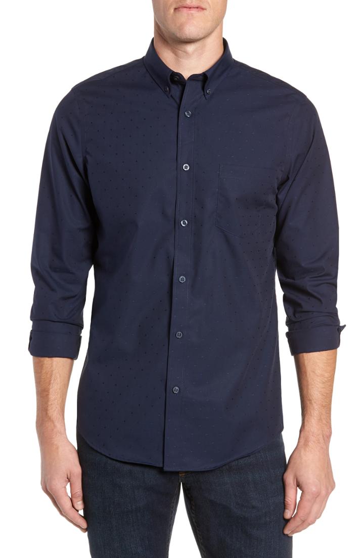 Men's Nordstrom Men's Shop Dobby Dot Non-iron Sport Shirt, Size - Blue