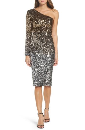 Women's Dress The Population Chrissie One-shoulder Ombre Sequin Sheath Dress - Metallic