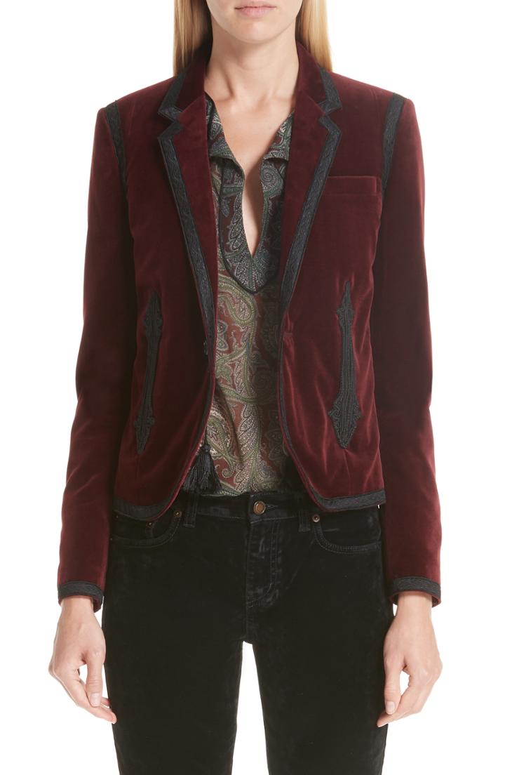 Women's Saint Laurent One-button Velvet Blazer Us / 42 Fr - Burgundy