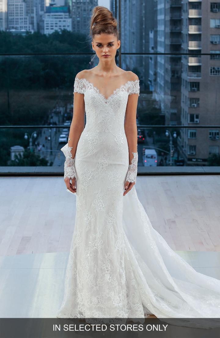 Women's Ines Di Santo Gramercy Off The Shoulder Silk Lace Sheath Gown, Size - Ivory