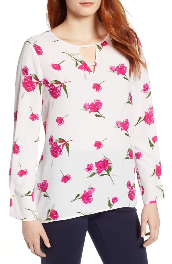 Women's Chaus Dashing Roses Keyhole Blouse - White
