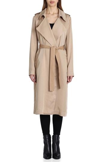 Women's Badgley Mischka Faux Leather Trim Long Trench Coat, Size - Beige