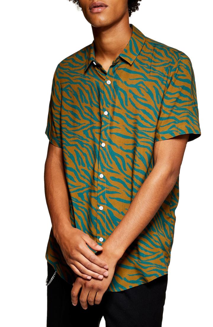 Men's Topman Zebra Stripe Print Shirt - Brown