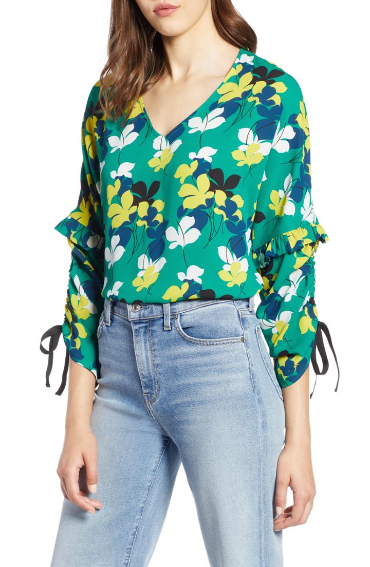 Women's Halogen Ruched Tie Sleeve Top, Size - Green